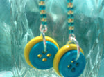 Button Seed Bead Dangle Earring Blue and Yellow Nickel Free