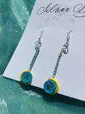 Button Seed Bead Dangle Earring Blue and Yellow Nickel Free