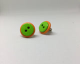 Green-on-orange button earrings